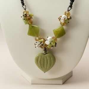 Artisan Boho Green Stone Heart Pendant Necklace Mixed Beads Pearl Cord